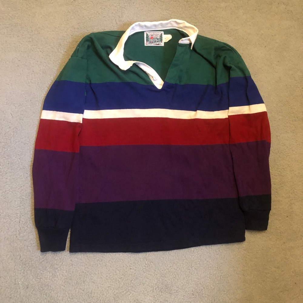 90s Vtg Thatcher & Cross Rugby Shirt Large Multi Color Block Made in USA Stripe
